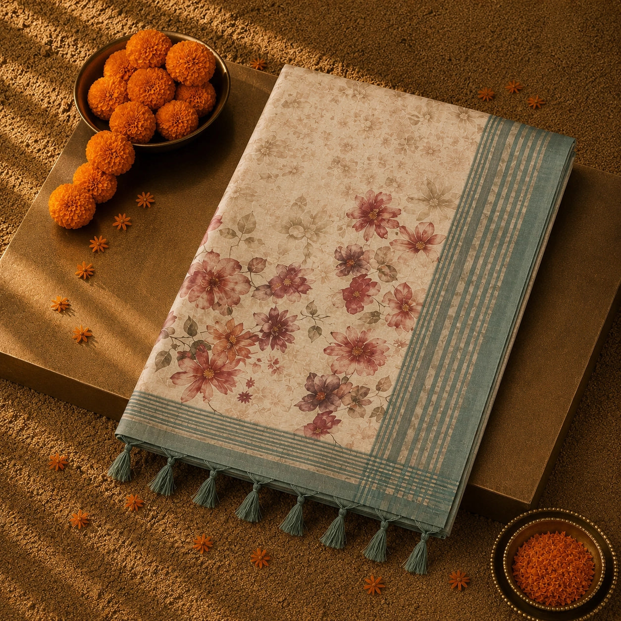 Beige Linen Digital Print Saree with Vintage Floral Print and Sage Green Striped Border