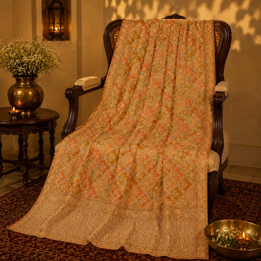 Rust Orange Ghar Chola Bandhej Khaddi Saree with Traditional Woven Border