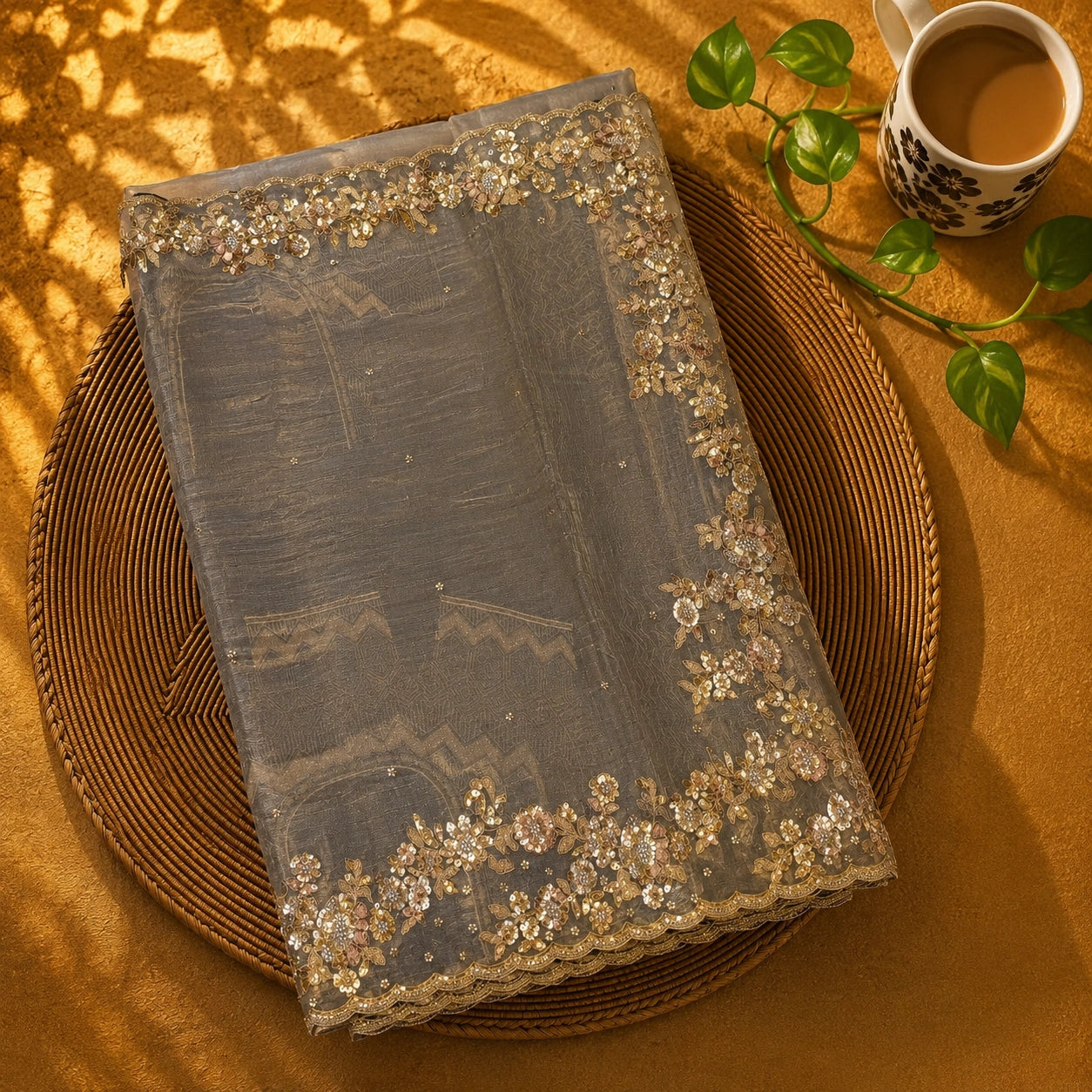Taupe Pure Crush Tissue Saree with Sequins Floral Embroidered Scalloped Border