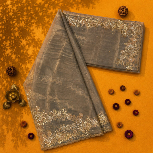 Taupe Pure Crush Tissue Saree with Sequins Floral Embroidered Scalloped Border