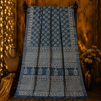 Indigo Blue Linen Printed Saree with White Floral Vine Motifs and Traditional Block Print Border