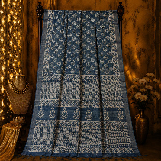 Indigo Blue Linen Printed Saree with White Floral Vine Motifs and Traditional Block Print Border