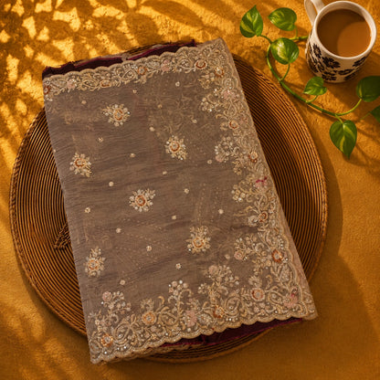 Taupe Pure Crush Tissue Saree with Sequin Floral Embroidered Border for Wedding & Festive Wear