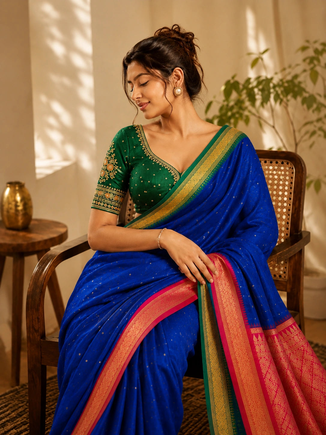 Blue Kadiyal Kanjivaram Silk Saree with Pink Zari Pallu and Green-Gold Border