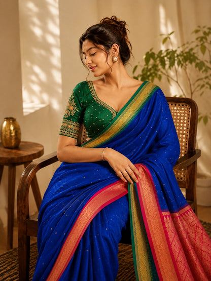 Blue Kadiyal Kanjivaram Silk Saree with Pink Zari Pallu and Green-Gold Border