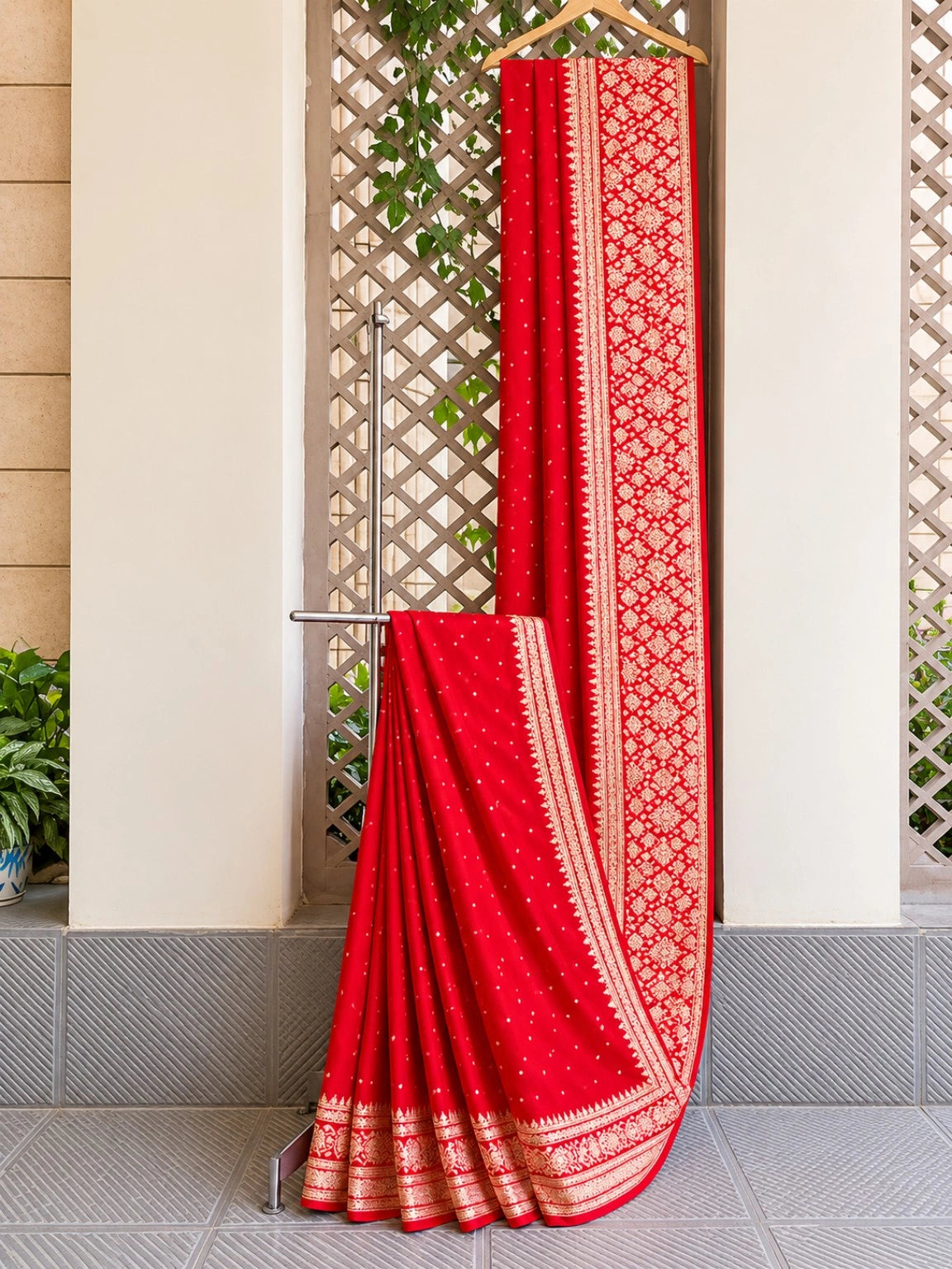 Pure Katan Banarasi Saree in Royal Red with Gold Floral Zari Weaving & Rich Pallu
