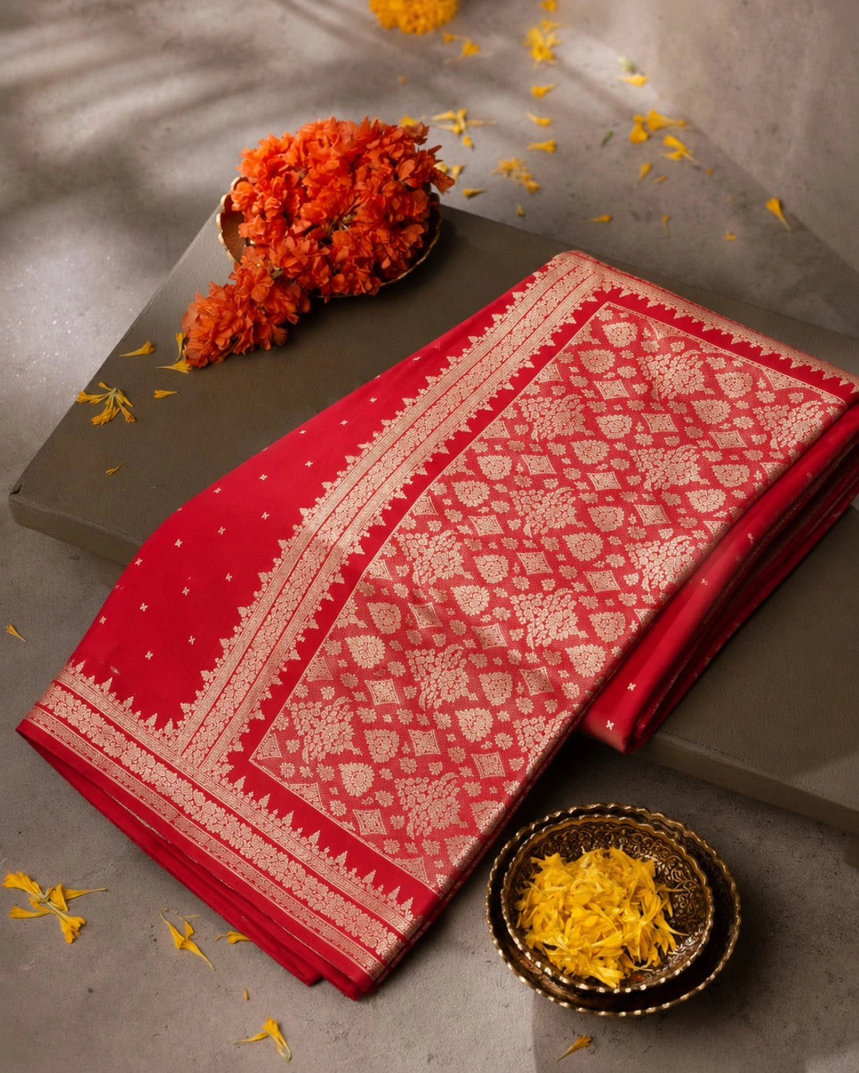 Pure Katan Banarasi Saree in Royal Red with Gold Floral Zari Weaving & Rich Pallu