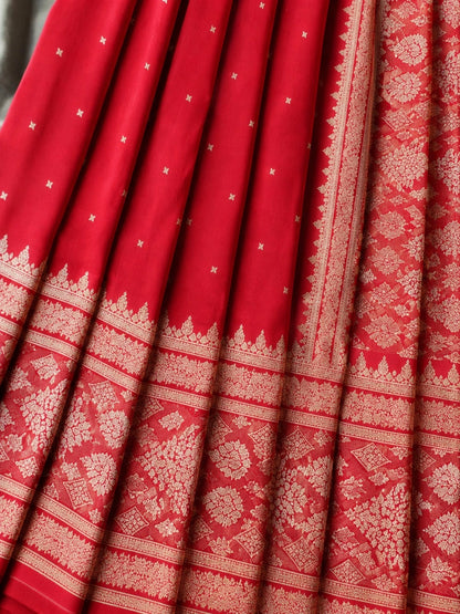 Pure Katan Banarasi Saree in Royal Red with Gold Floral Zari Weaving & Rich Pallu