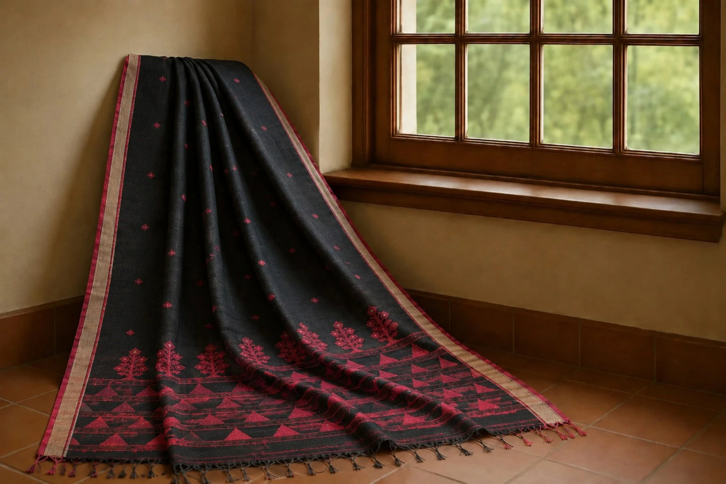 Black Cotton Tangail Handloom Saree with Magenta Tree Motif Border