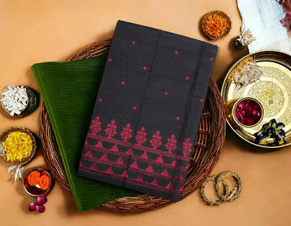 Black Cotton Tangail Handloom Saree with Magenta Tree Motif Border
