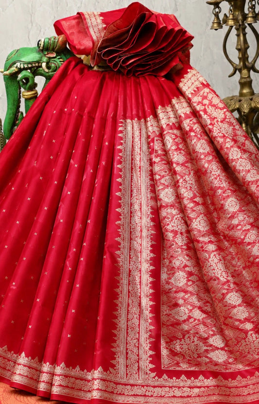 Pure Katan Banarasi Saree in Royal Red with Gold Floral Zari Weaving & Rich Pallu