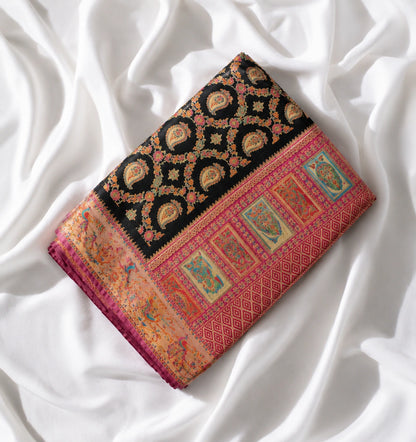 Black Pure Mashru Kani Silk Saree with Multicolor Paisley Motifs & Pink Kani Border
