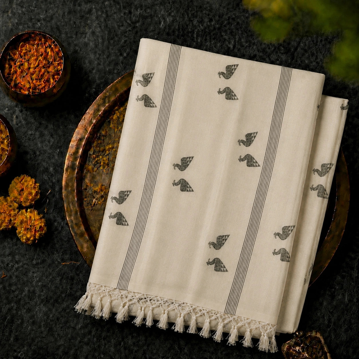 Handloom Pure Cotton Saree in White with Peacock Buti Motifs & Tassel Pallu