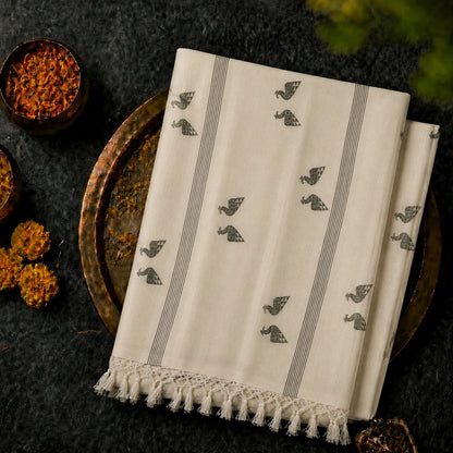 Handloom Pure Cotton Saree in White with Peacock Buti Motifs & Tassel Pallu