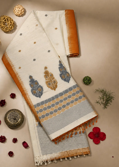 Pure Handloom Cotton Weaving Saree in Off-White & Mustard with Navy Blue Floral Pallu Design