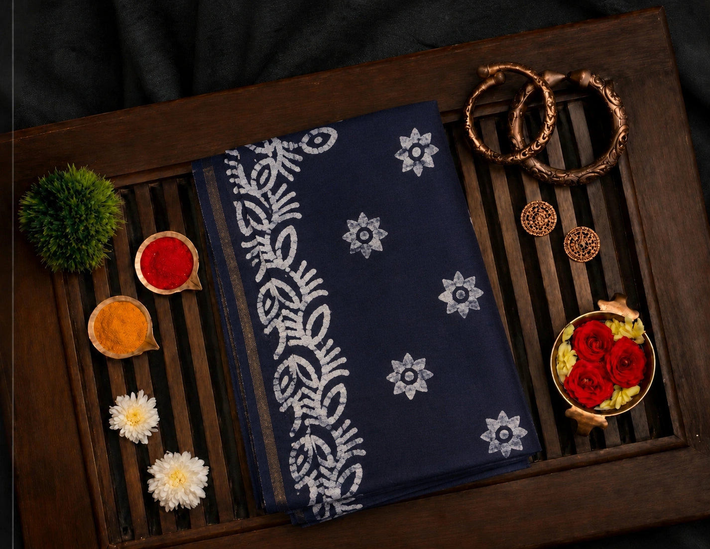 Navy Blue Bagru Print Silk Saree with White Floral Motifs and Traditional Border