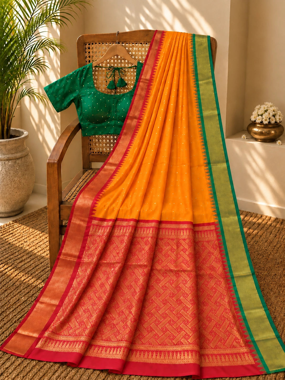 Kadiyal Kanjivaram Ganga Saree in Mustard Yellow with Green and Red Zari Border