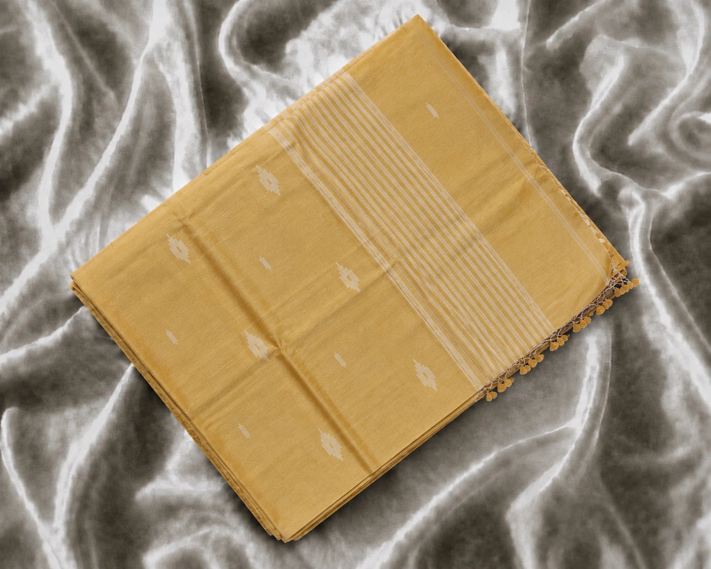 Mustard Yellow Pure Mul Cotton Hand Weaving Jamdani Buta Saree with White Woven Motifs