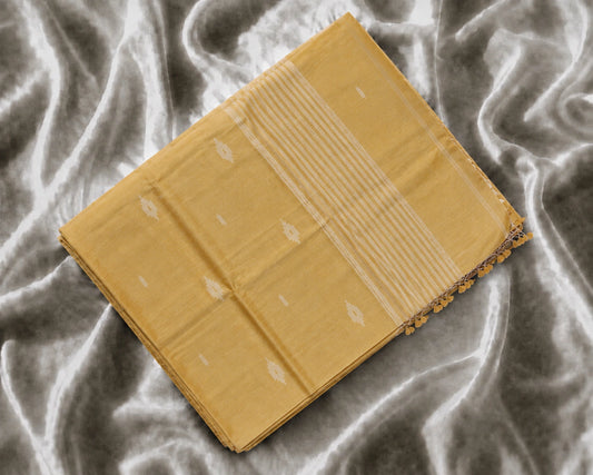 Mustard Yellow Pure Mul Cotton Hand Weaving Jamdani Buta Saree with White Woven Motifs