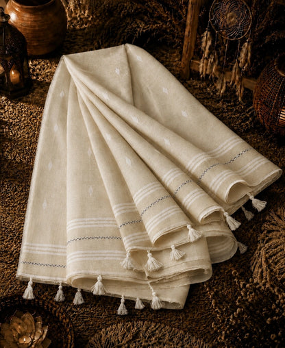 Beige Pure Mul Cotton Hand Weaving Jamdani Buta Saree with Traditional Woven Border