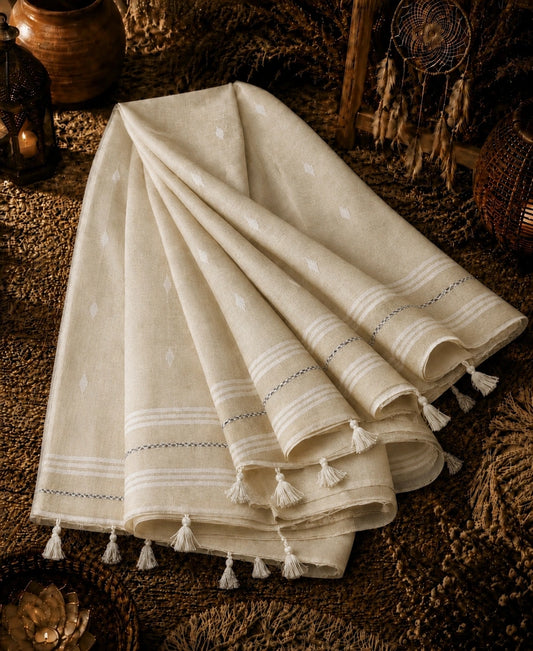 Beige Pure Mul Cotton Hand Weaving Jamdani Buta Saree with Traditional Woven Border