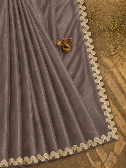 Mauve Fandy Satin Saree with Floral Lace Border Designer Party Wear Saree