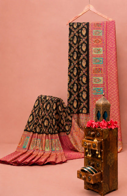 Black Pure Mashru Kani Silk Saree with Multicolor Paisley Motifs & Pink Kani Border