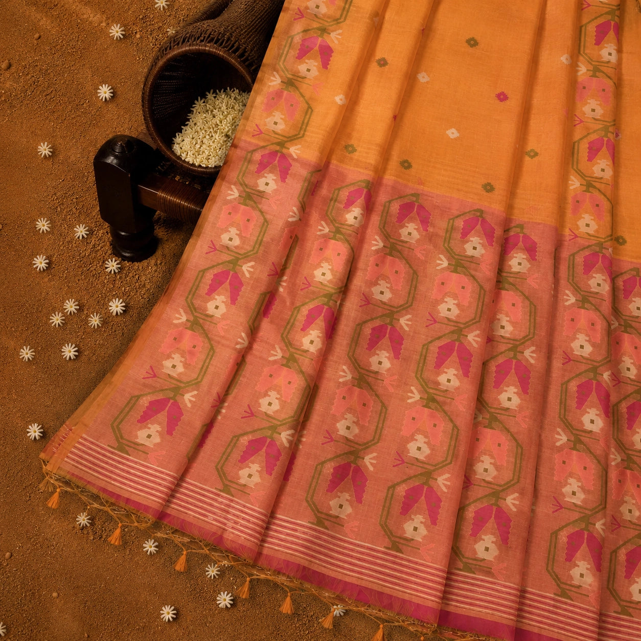 Peach Orange Silk Jamdani Saree with Artistic Floral Vine Border and Woven Buti Design