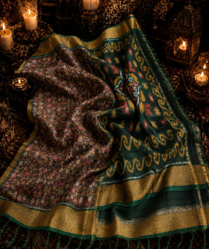 Pure Sico Pochampally Saree in Forest Green with Floral Print & Traditional Pallu Design