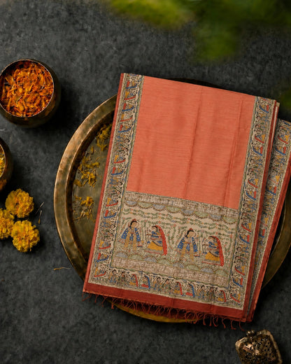 Coral Pink Ghicha Madhubani Saree with Traditional Mithila Folk Art Border