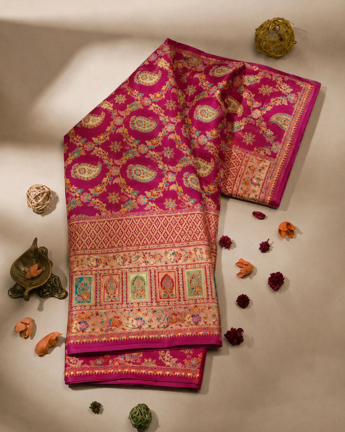 Fuchsia Pink Pure Mashru Kani Silk Saree with Paisley Motifs & Intricate Multicolor Kani Border