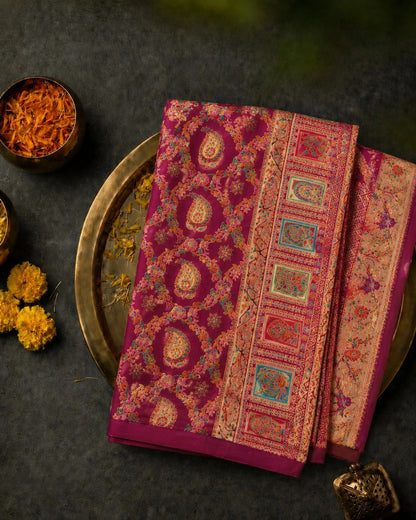 Fuchsia Pink Pure Mashru Kani Silk Saree with Paisley Motifs & Intricate Multicolor Kani Border
