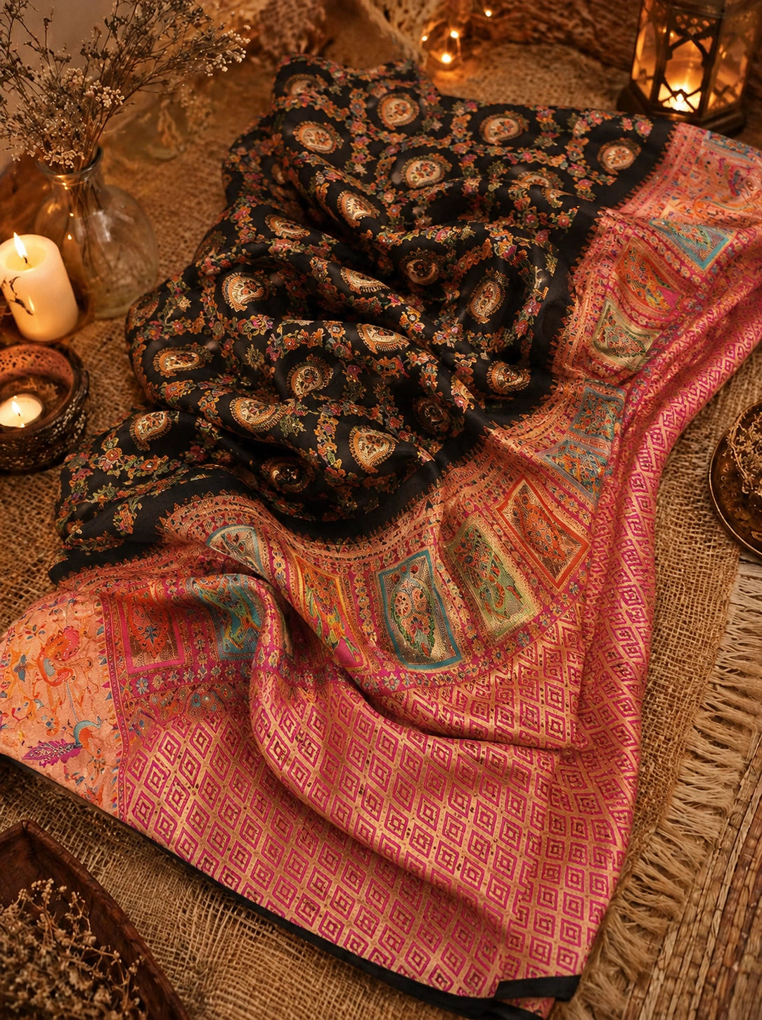 Black Pure Mashru Kani Silk Saree with Multicolor Paisley Motifs & Pink Kani Border