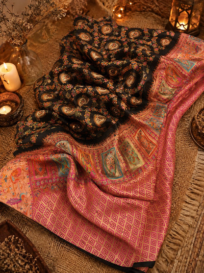 Black Pure Mashru Kani Silk Saree with Multicolor Paisley Motifs & Pink Kani Border