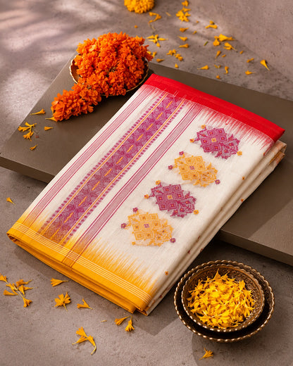 Off White & Mustard Yellow Cotton Jamdani Ganga Jamuna Border Saree with Traditional Woven Motifs