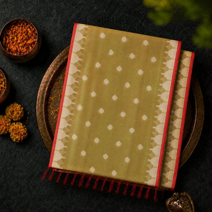 Mustard Yellow Muslin Jamdani Saree with Ivory Geometric Weave and Red Accent Border