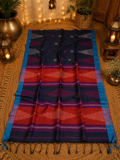 Navy Blue & Rust Red Assam Khadi Weaving Saree with Geometric Woven Motifs
