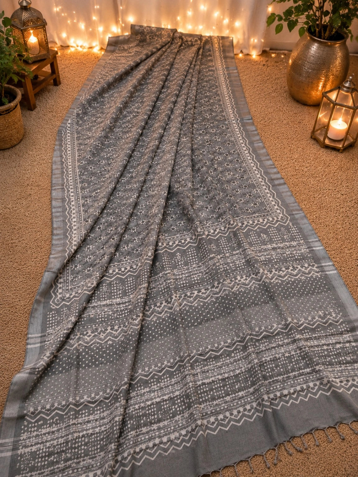 Grey Linen Bagru Print Saree with Ethnic Floral Buta & Tribal Border Design