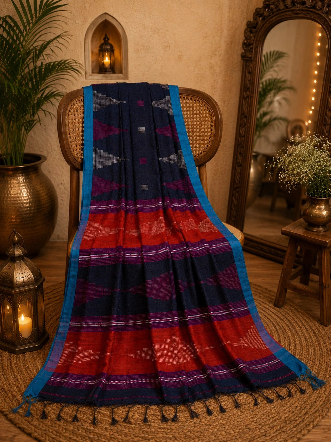 Navy Blue & Rust Red Assam Khadi Weaving Saree with Geometric Woven Motifs