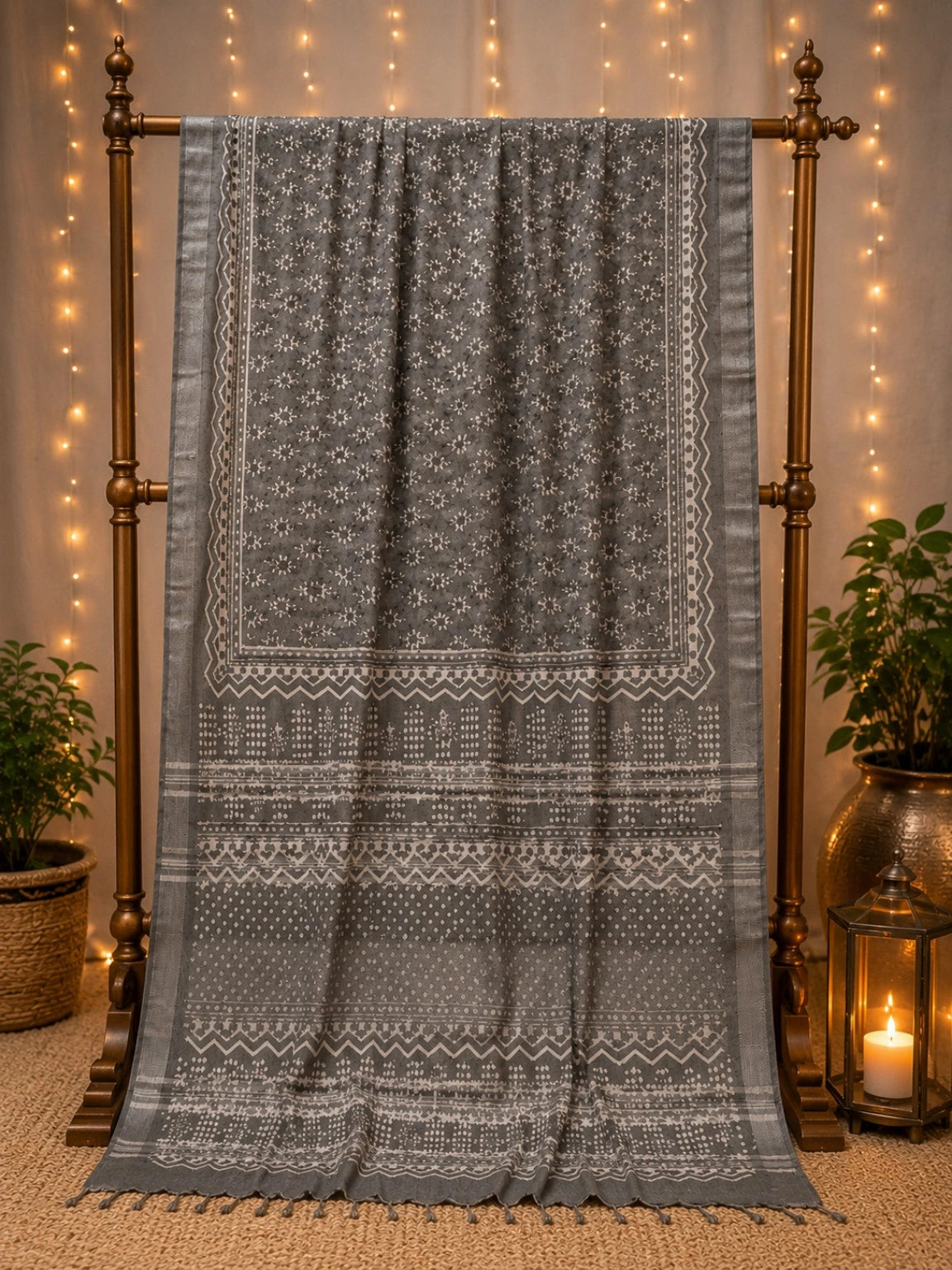 Grey Linen Bagru Print Saree with Ethnic Floral Buta & Tribal Border Design