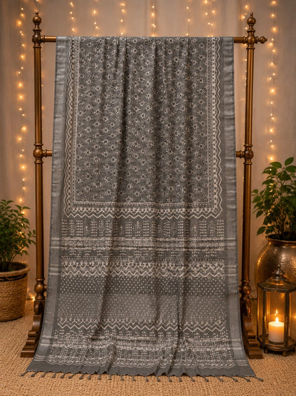 Grey Linen Bagru Print Saree with Ethnic Floral Buta & Tribal Border Design