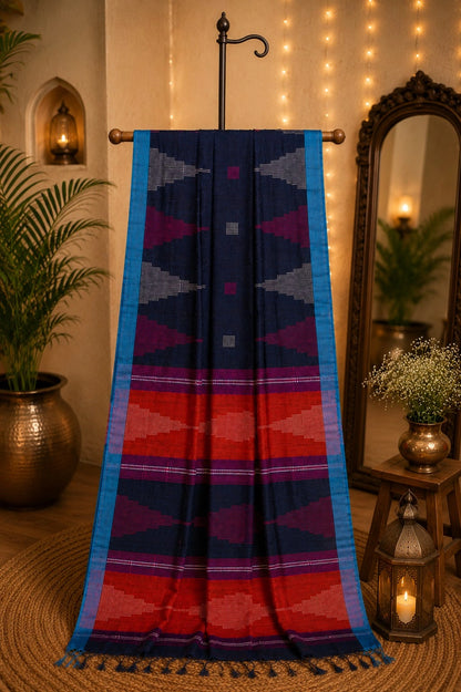 Navy Blue & Rust Red Assam Khadi Weaving Saree with Geometric Woven Motifs