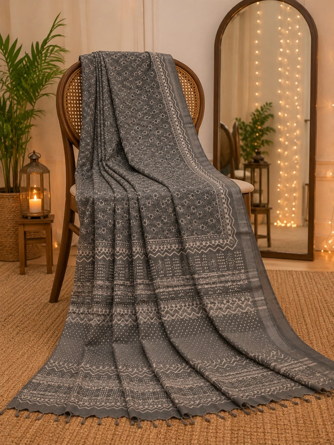 Grey Linen Bagru Print Saree with Ethnic Floral Buta & Tribal Border Design