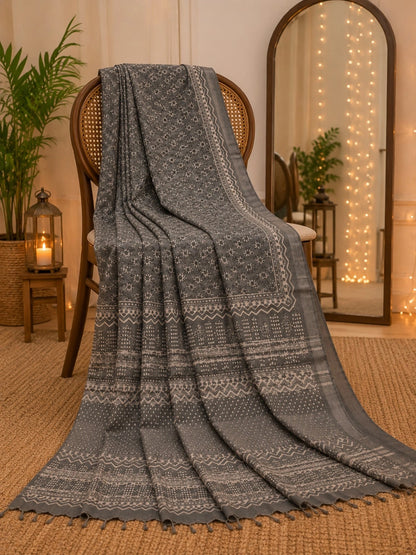 Grey Linen Bagru Print Saree with Ethnic Floral Buta & Tribal Border Design