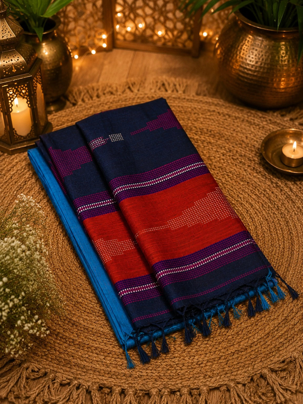 Navy Blue & Rust Red Assam Khadi Weaving Saree with Geometric Woven Motifs