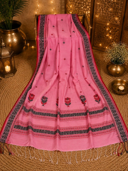 Pink Cotton Weaving Handloom Saree with Floral Buta & Geometric Border