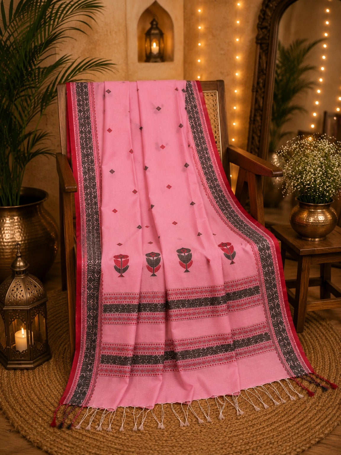 Pink Cotton Weaving Handloom Saree with Floral Buta & Geometric Border