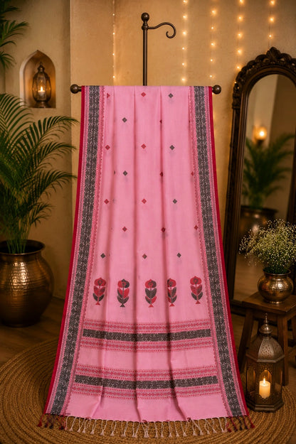 Pink Cotton Weaving Handloom Saree with Floral Buta & Geometric Border