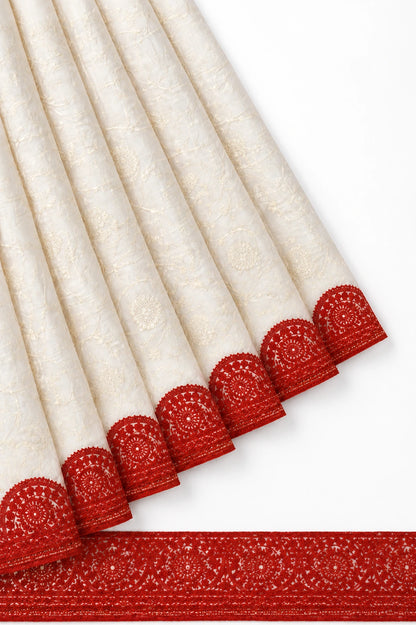 White Soft Georgette Lucknowi Embroidery Saree with Red Cutwork Lace Border