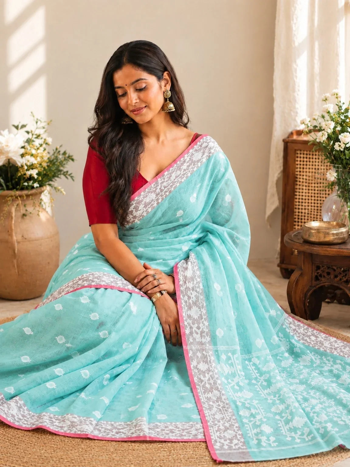 Sea Green Muslin Jamdani Saree seated model image